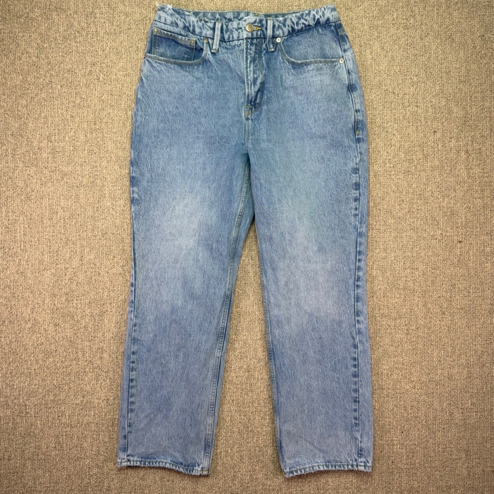 Good American Women Size 8 29 Light Wash High Rise Straight Denim Jeans‎ Raw Hem